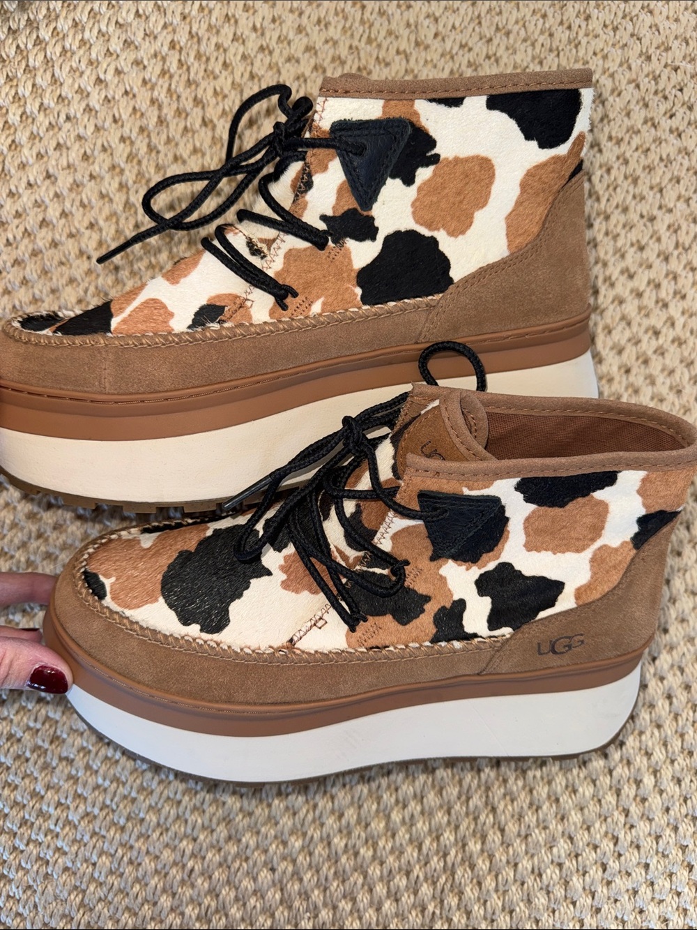 UGG Marin Bootie Cow Print lace up suede boots calf hair 8 NWOT LIKE NEW
